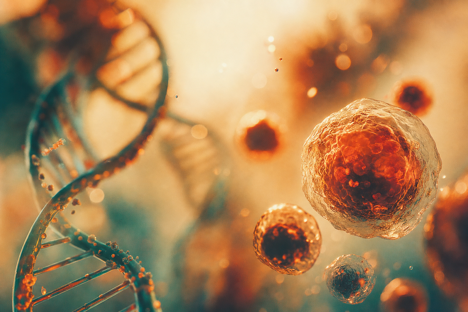Warm, abstract rendering of cellular structures and a DNA strand in amber and teal tones